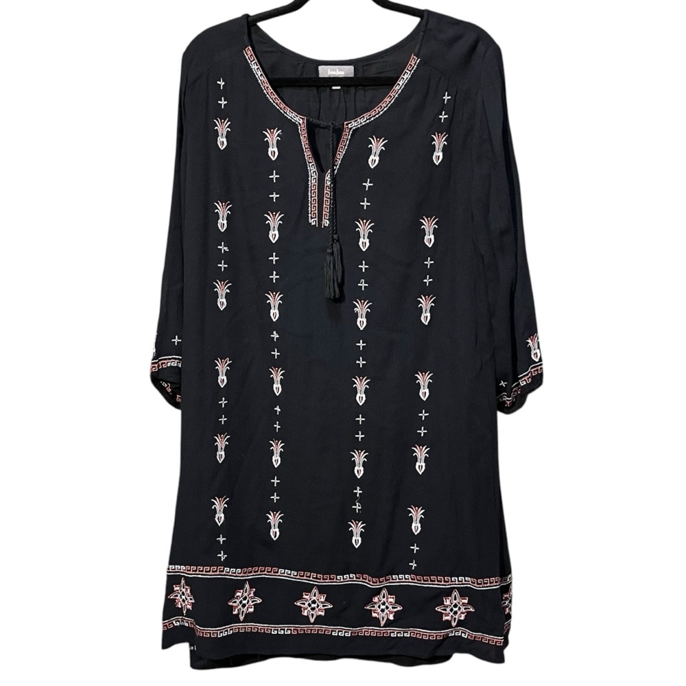 Neiman Marcus Black Embroidered Tunic Shift Dress Boho Tassel Mini Small M